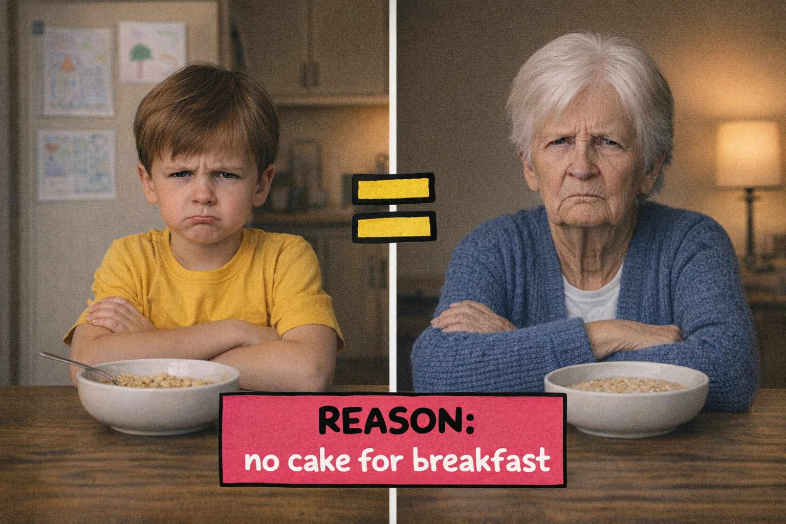 Different decades, identical energy — the stubborn crossed-arms pose that transcends age and makes you question everything.