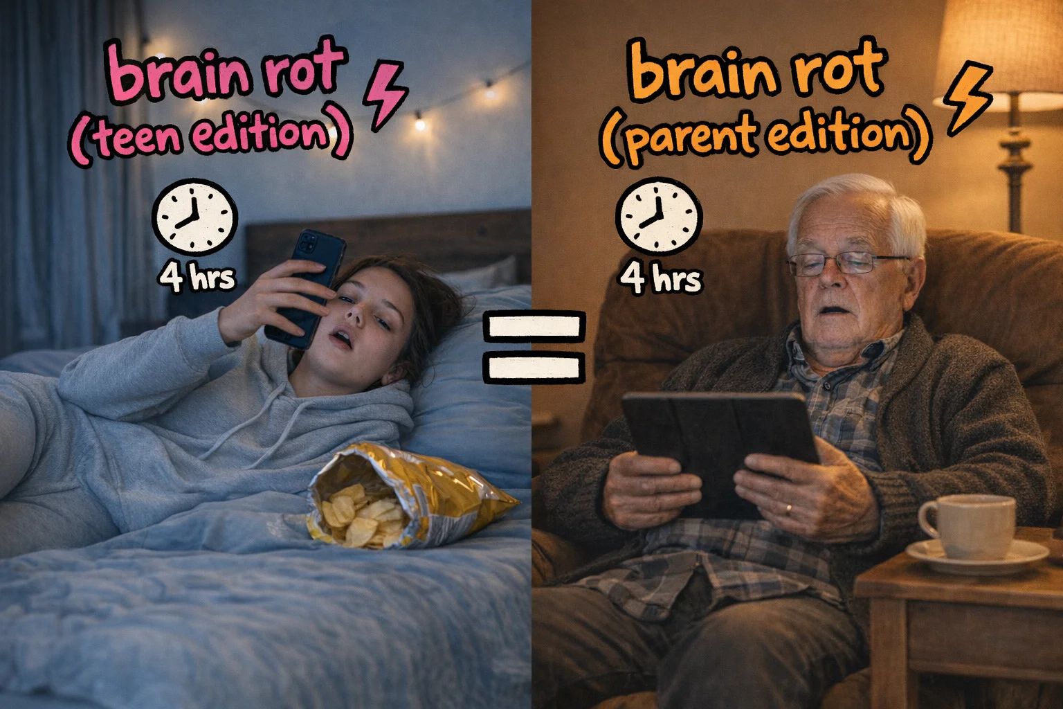 Different aesthetics, different devices, different decades — same disengaged prefrontal cortex, same optimized reward loop, same glazed expression.