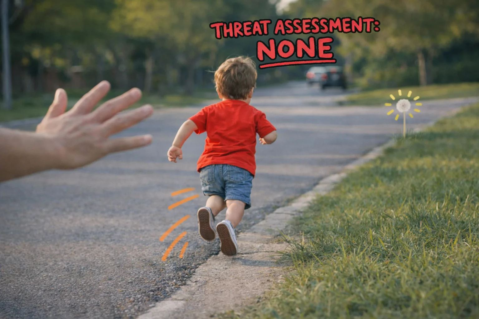 Zero hesitation. Zero traffic check. One dandelion. Full send.