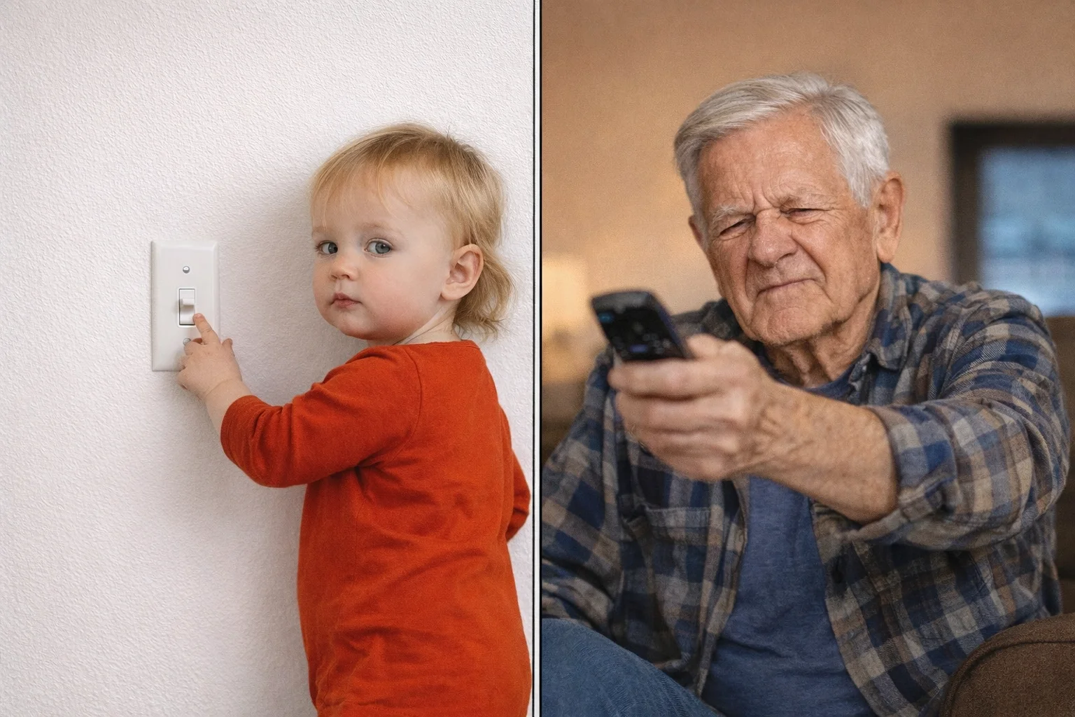 Two ends of the curve, one shared expression: the thousand-yard stare of a brain at its limits.