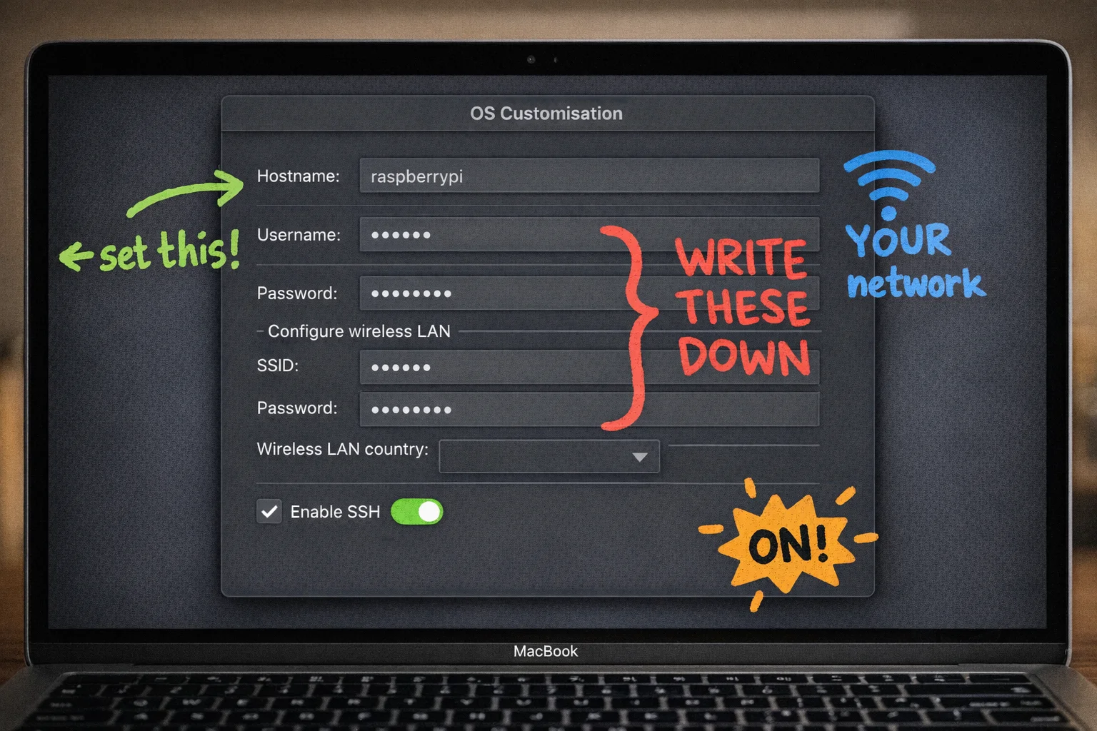 The Imager's advanced settings panel: fill this out completely before you flash, or you'll be hunting for a keyboard and a tiny HDMI adapter at 11pm.