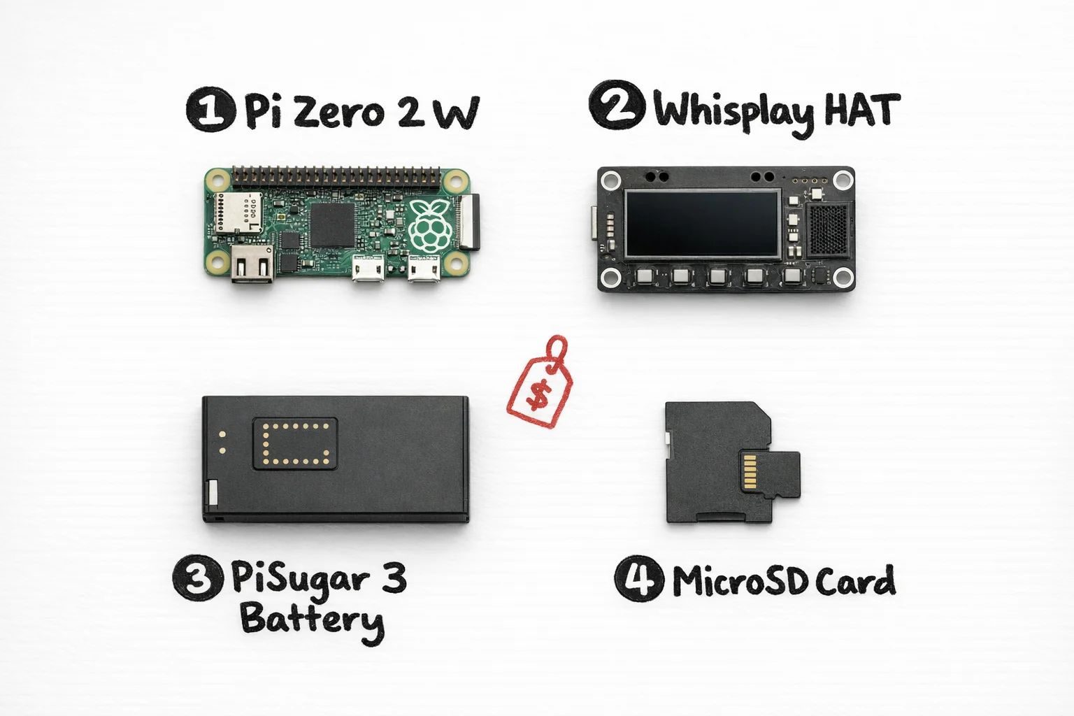 The whole build, laid out: four parts, one tiny computer, and a microSD card that will inevitably get lost at least once.