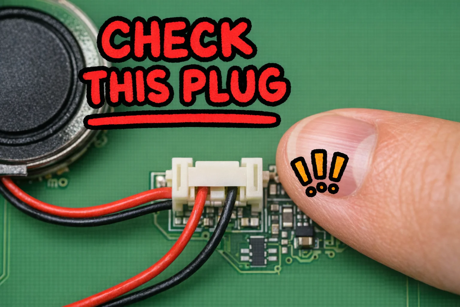 If you hear nothing, it's probably this little guy — the JST speaker plug that loves to quietly unseat itself.