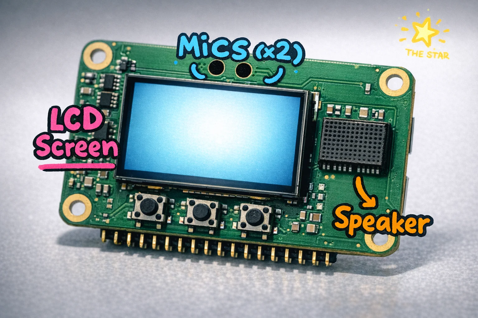 The Whisplay HAT: one tiny board doing the jobs of a screen, two microphones, a speaker, and several buttons simultaneously.