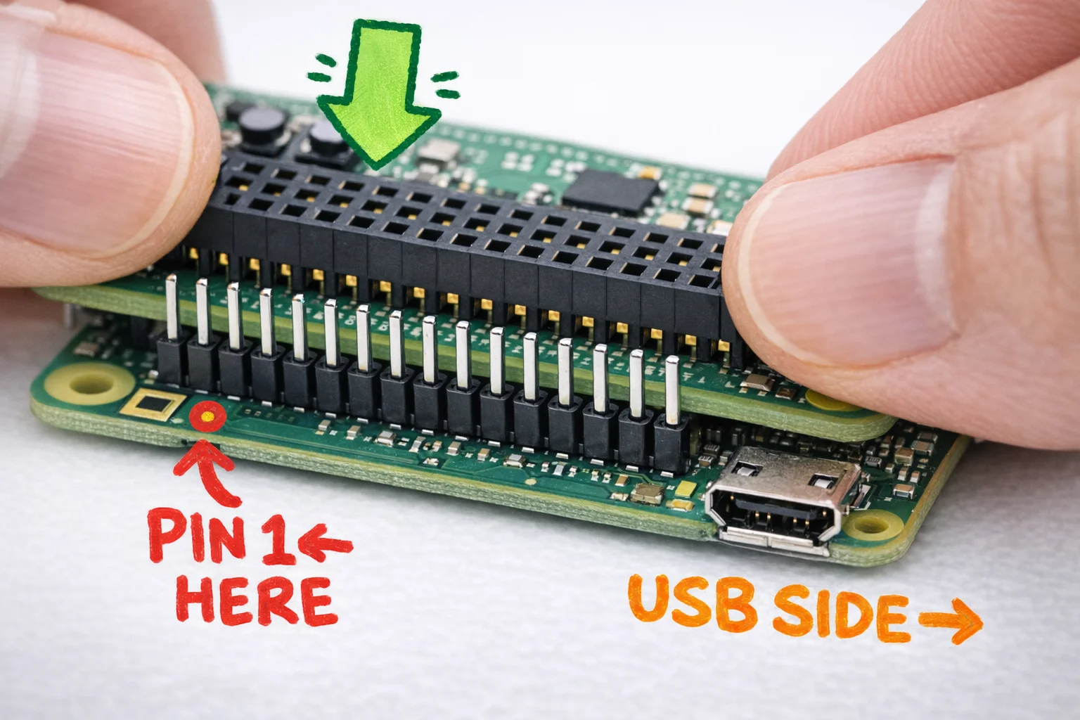 Two thumbs, forty pins, zero soldering — press down evenly until you feel it seat.