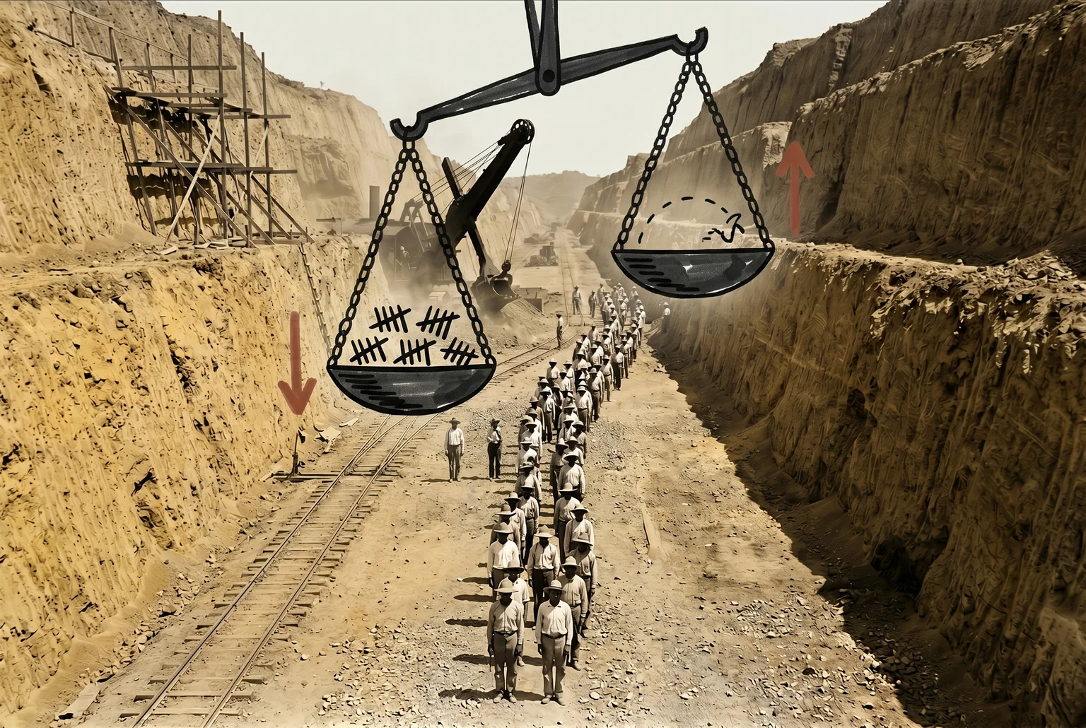 Hundreds of workers recede into the cut, each one a unit in a calculation they did not consent to and could not see.