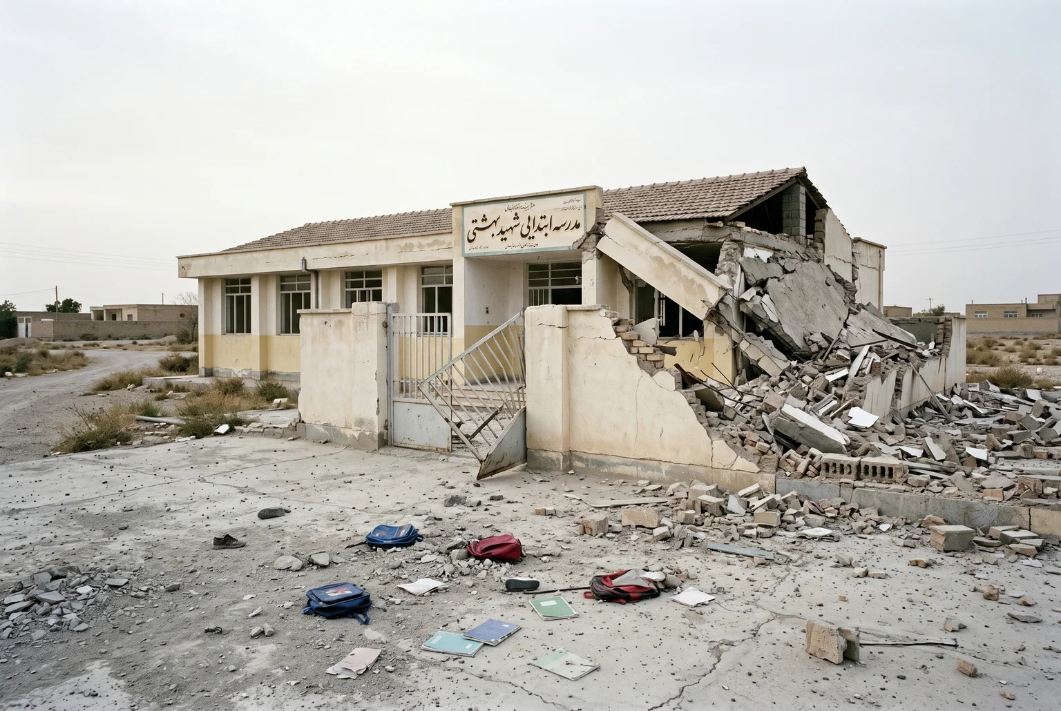 A school building in a small city, ordinary until you look at it for more than a second.