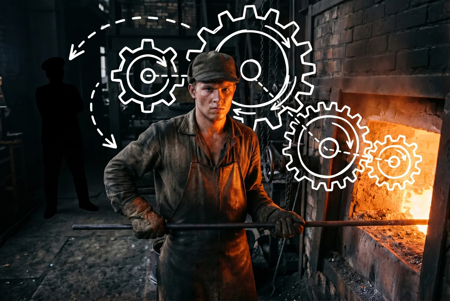 The worker at the furnace is not the hero of this story. He is the gear that the story requires.