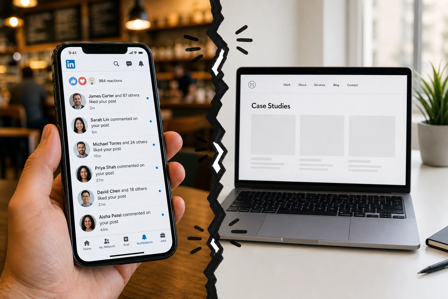 Follower counts and likes build on the left while the case studies page stays empty on the right, and warm leads notice the gap before you do.