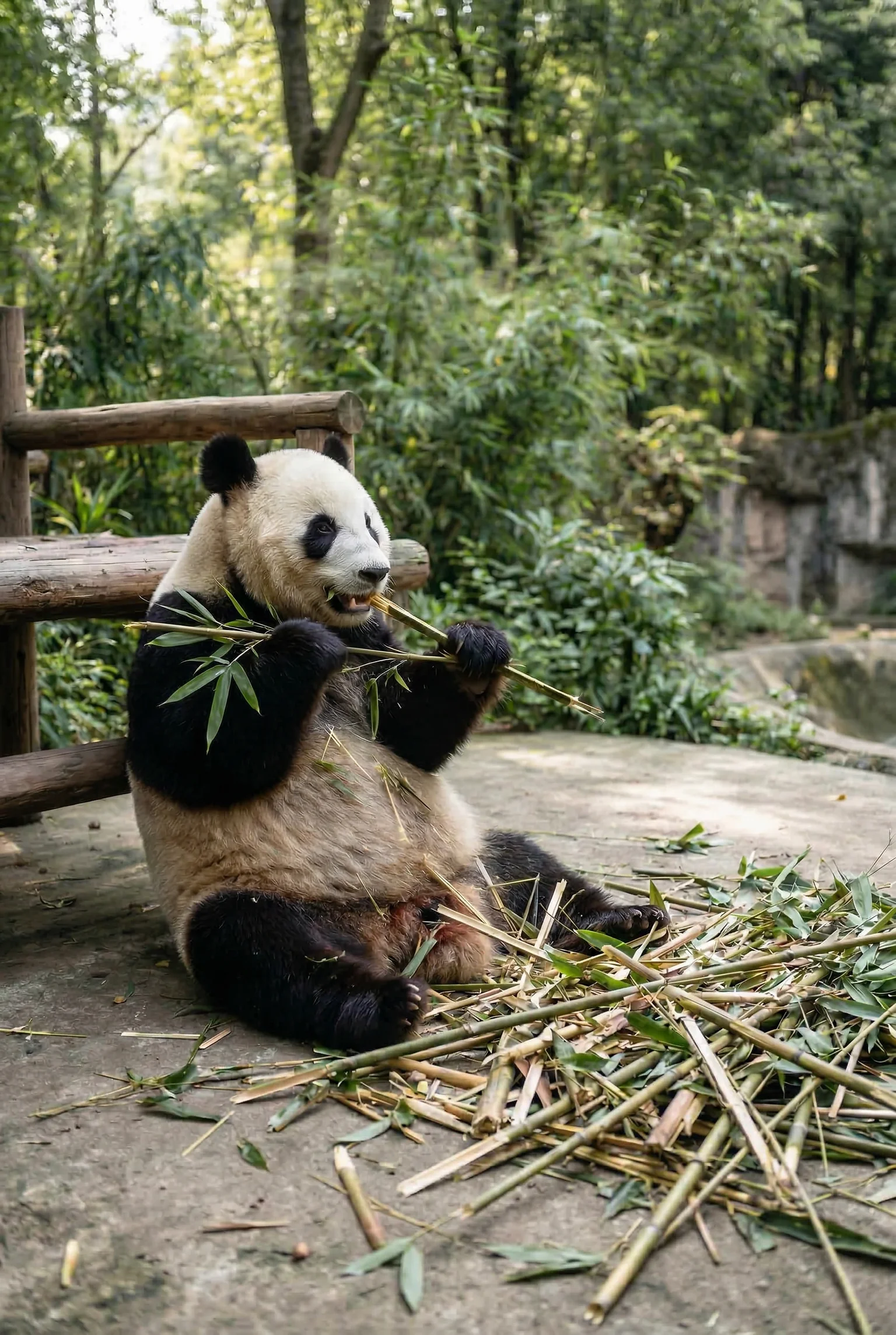 The panda has a carnivore's digestive system processing bamboo at 17% efficiency, which means this is basically a full-time job.