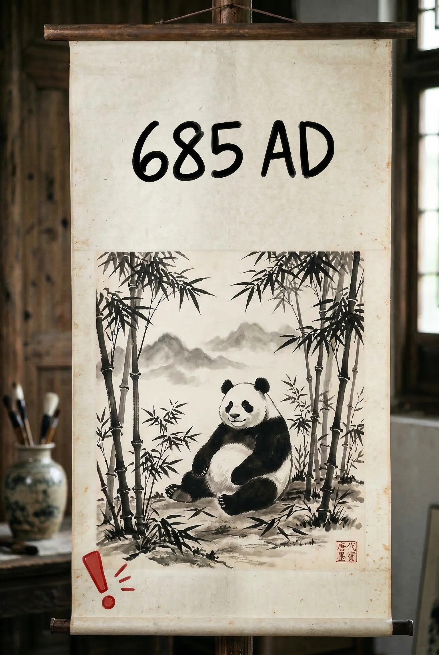 The earliest documented panda diplomat, approximately 685 AD, rendered with all the gravitas the era demanded.