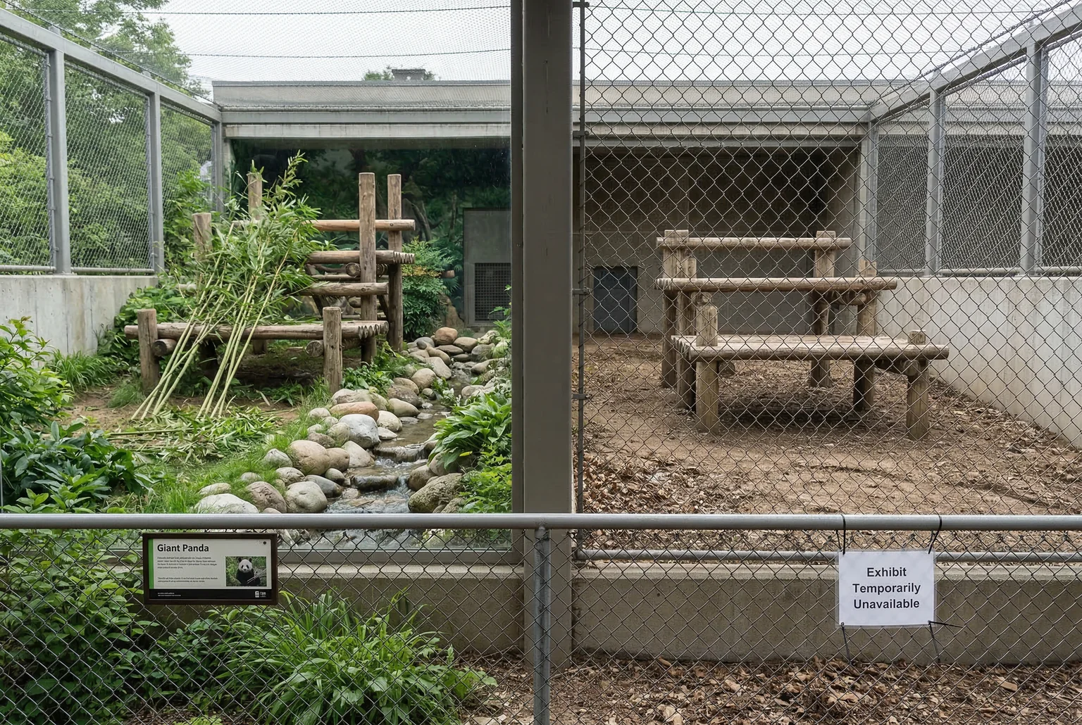 One enclosure received its pandas; the other received a politely worded sign and a conservation explanation.