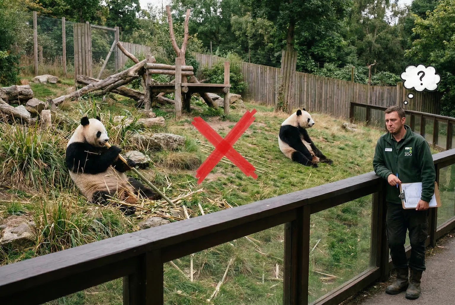 Two pandas, one enclosure, zero interest — and one zookeeper with a clipboard and dwindling optimism.