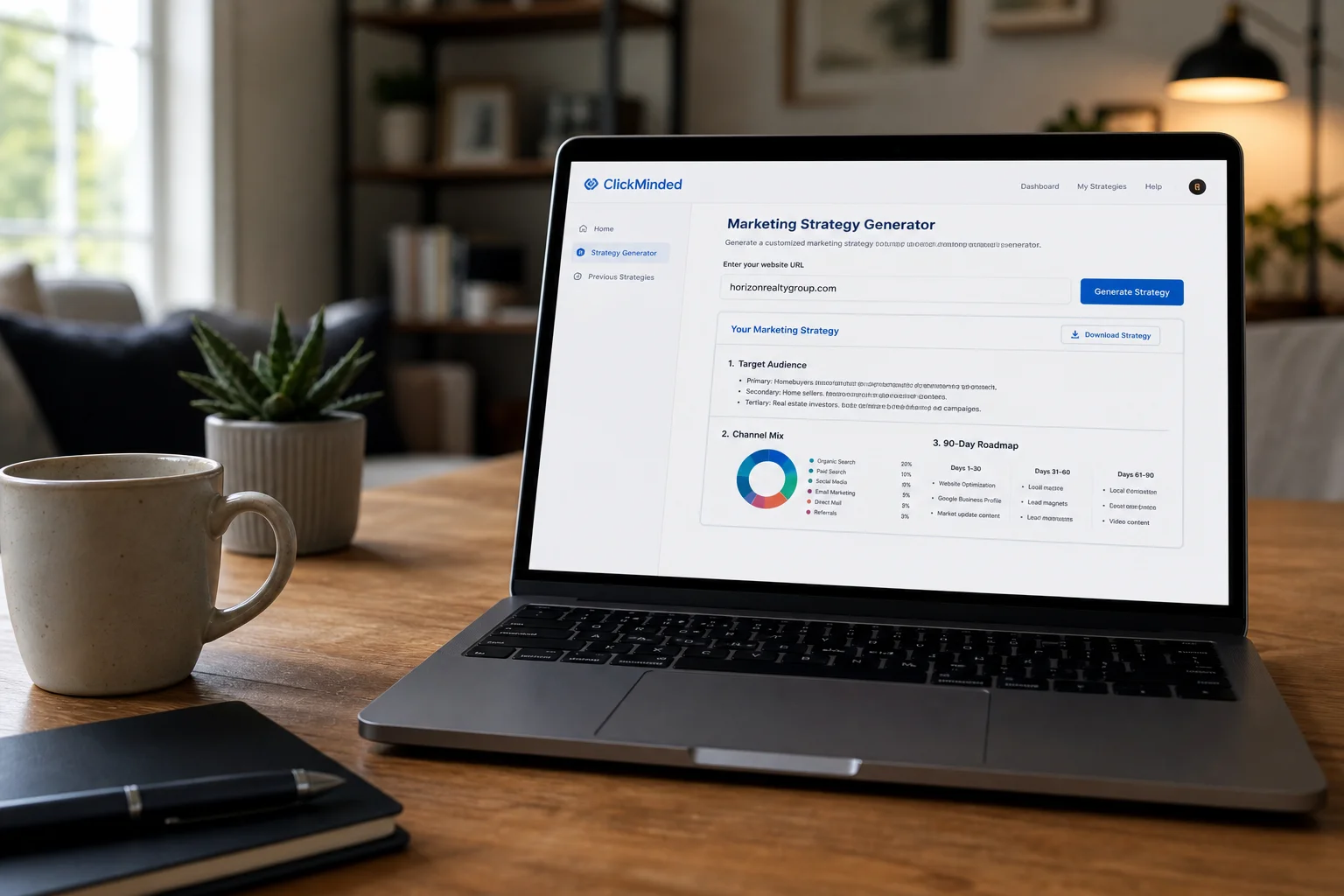 Entering your URL generates a ready-to-export strategy with audience targeting, channel mix, and a 90-day roadmap already assembled.