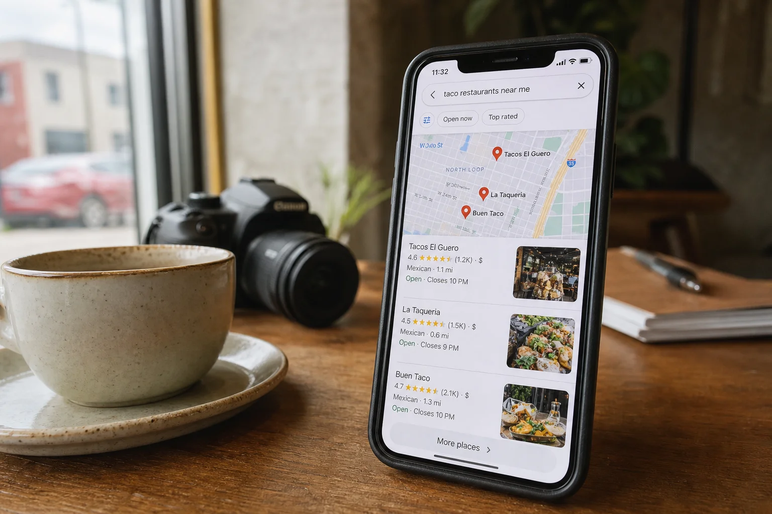 Proximity is fixed, but relevance and prominence determine which three restaurants appear when someone searches Friday night tacos nearby.