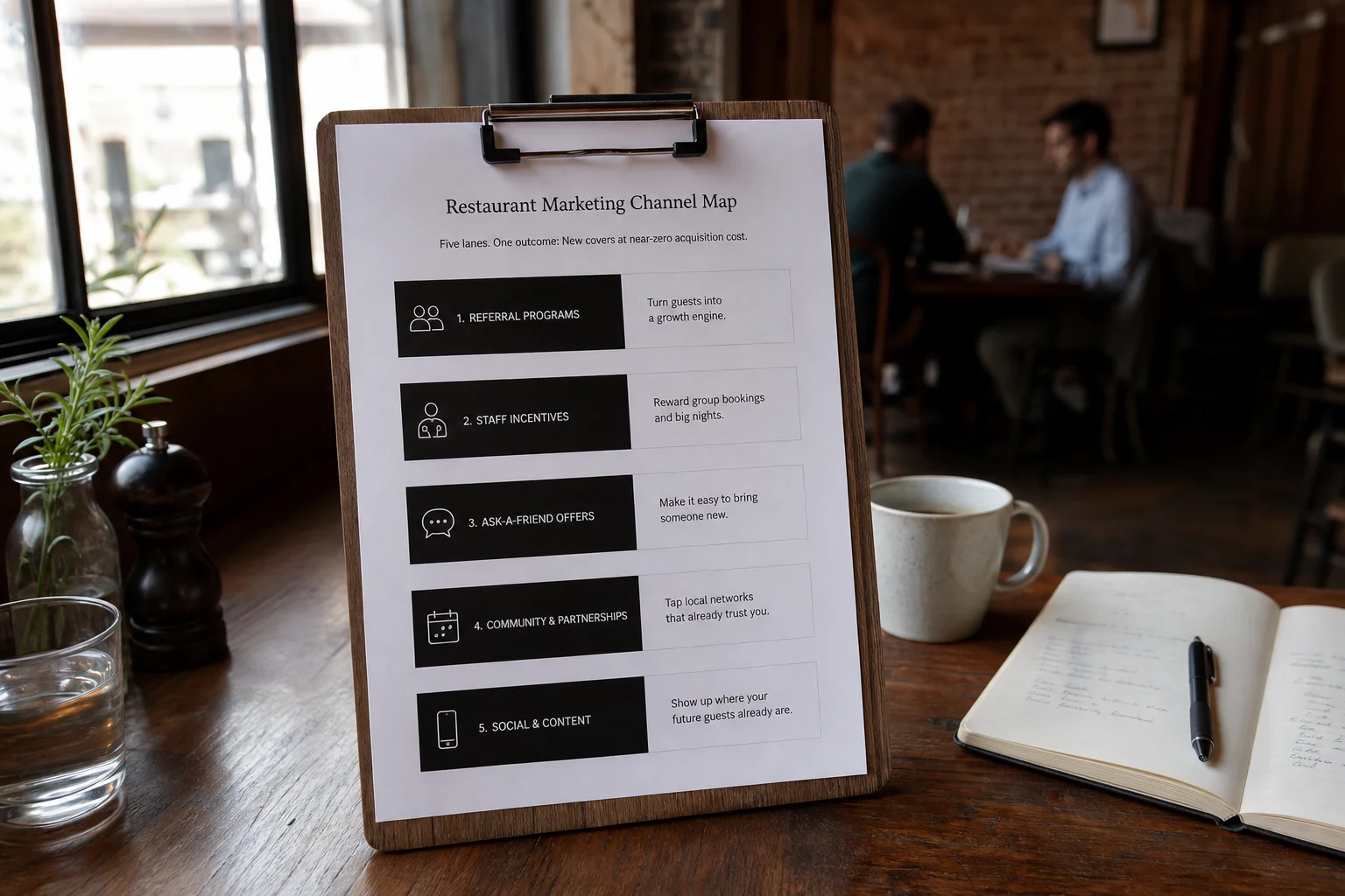 Five marketing channels serve different purposes, and a 30-seat tasting menu needs different leverage points than a 300-cover brunch operation.